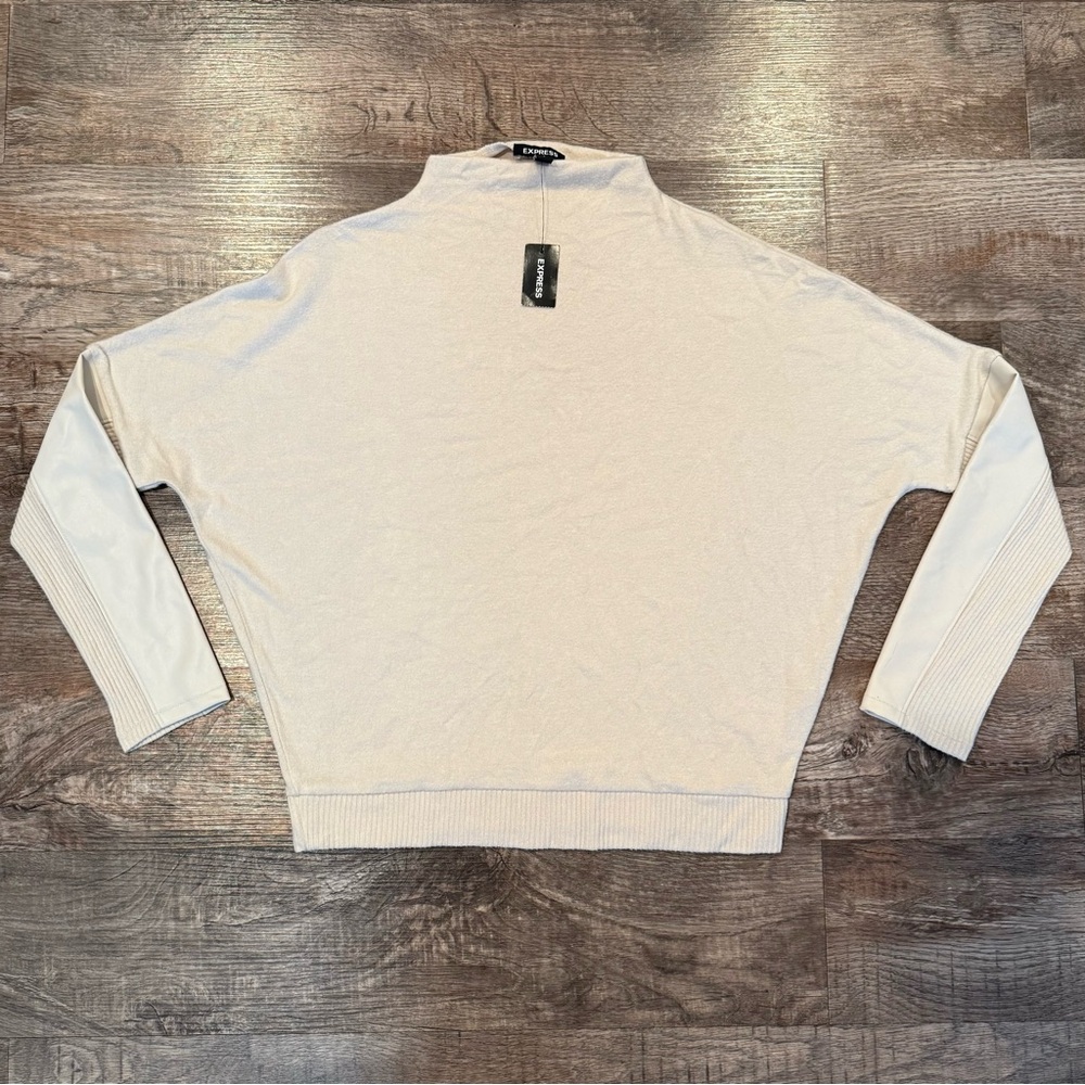 NWT Express Cream Colored Lightweight Dolman Sweater With Faux Leather Small
